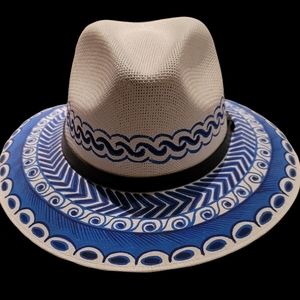 Handpainted Mexican Beige Hat With Blue